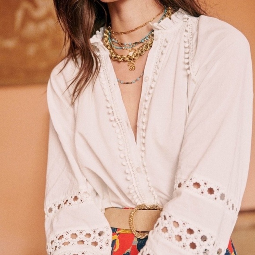 Sezane Beatriz Blouse White Size 36 French US 4 Organic Cotton Crochet Lace Boho